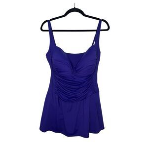 La Blanca Women’s 16 Swim Dress Blue One Piece Shirred Front Slimming Swimsuit